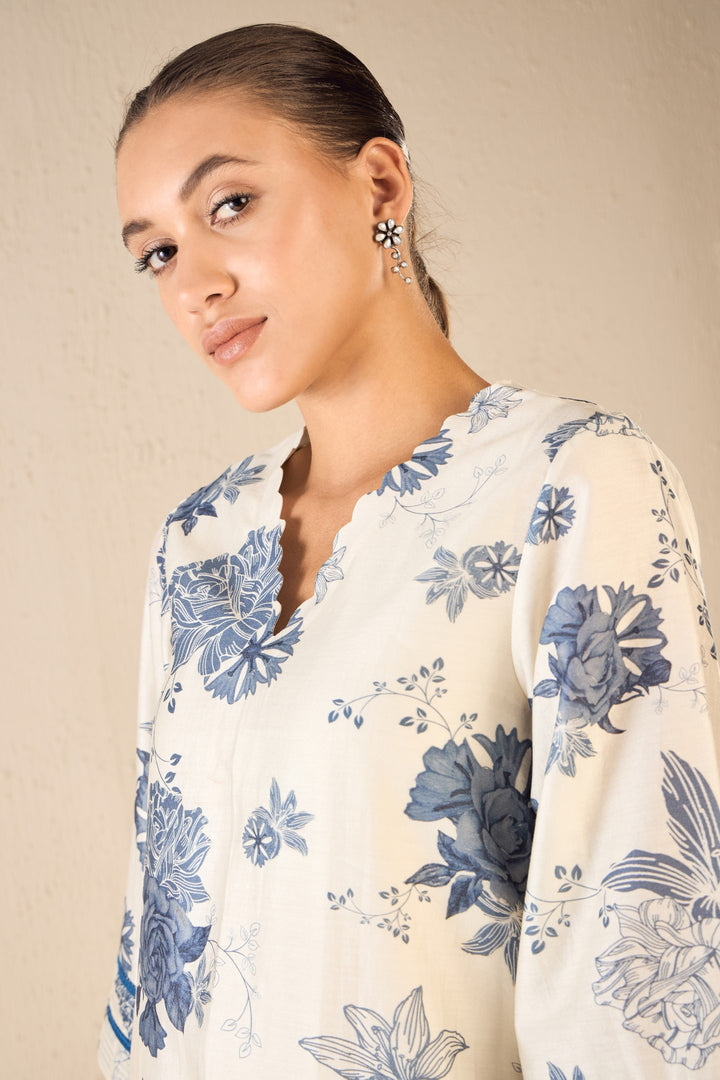 FLORAL FANTASY: BLUE FLORAL SCALLOP NECK KURTA