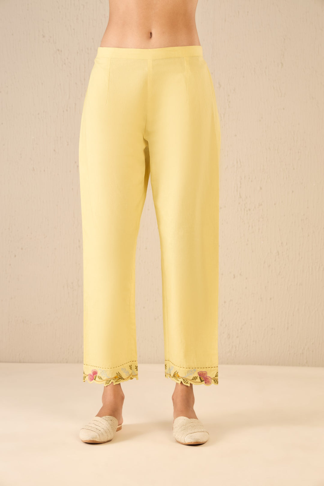 GARDEN GLORY: YELLOW EMBROIDERD SCALLOPED PANTS