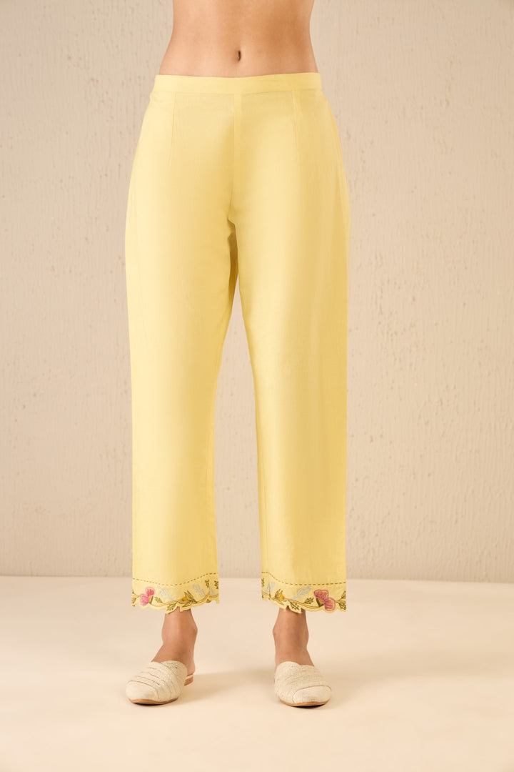 GARDEN GLORY: YELLOW EMBROIDERD SCALLOPED PANTS