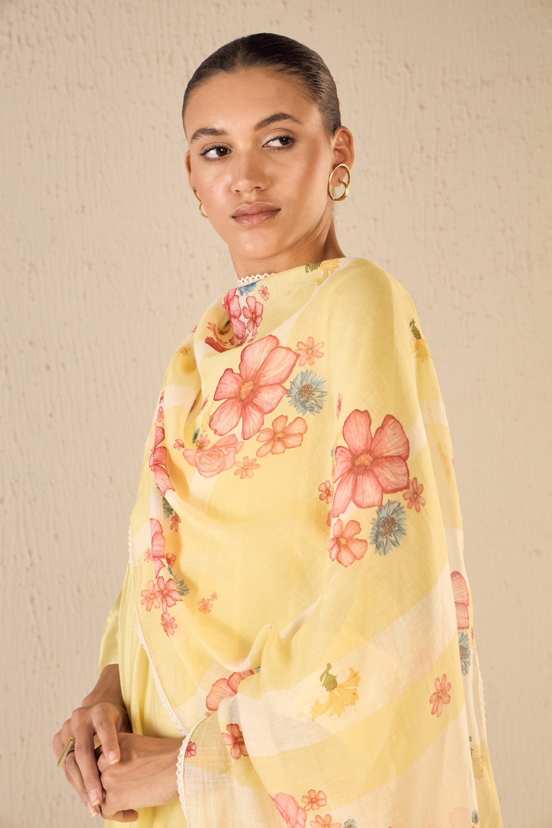 FLORAL CREAM: YELLOW PINTUCK CHOGA SET