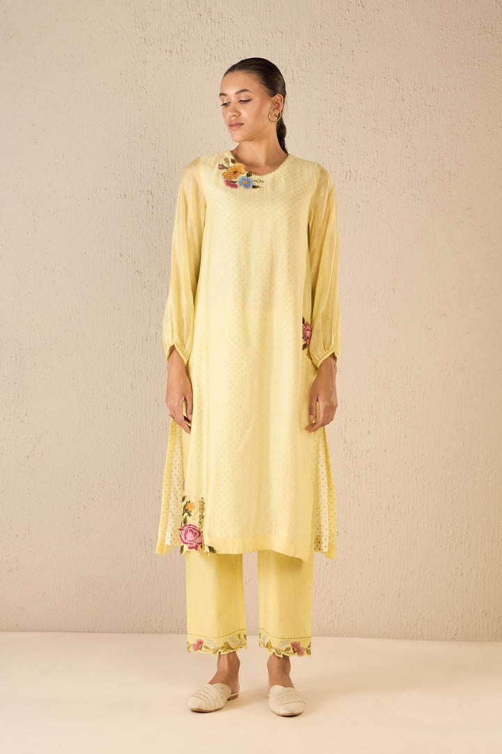 GARDEN GLORY: YELLOW APPLIQUE FLORAL BUNCH KURTA SET