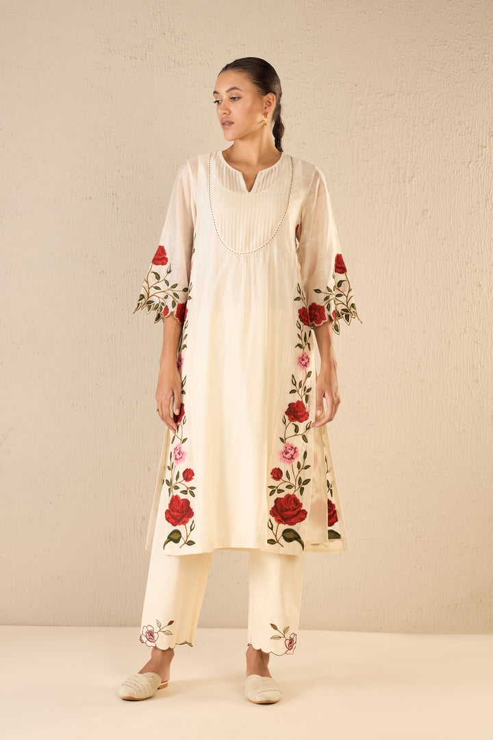 ROSE SHINE: IVORY PINK & RED ROSE EMBROIDERED KALI KURTA SET