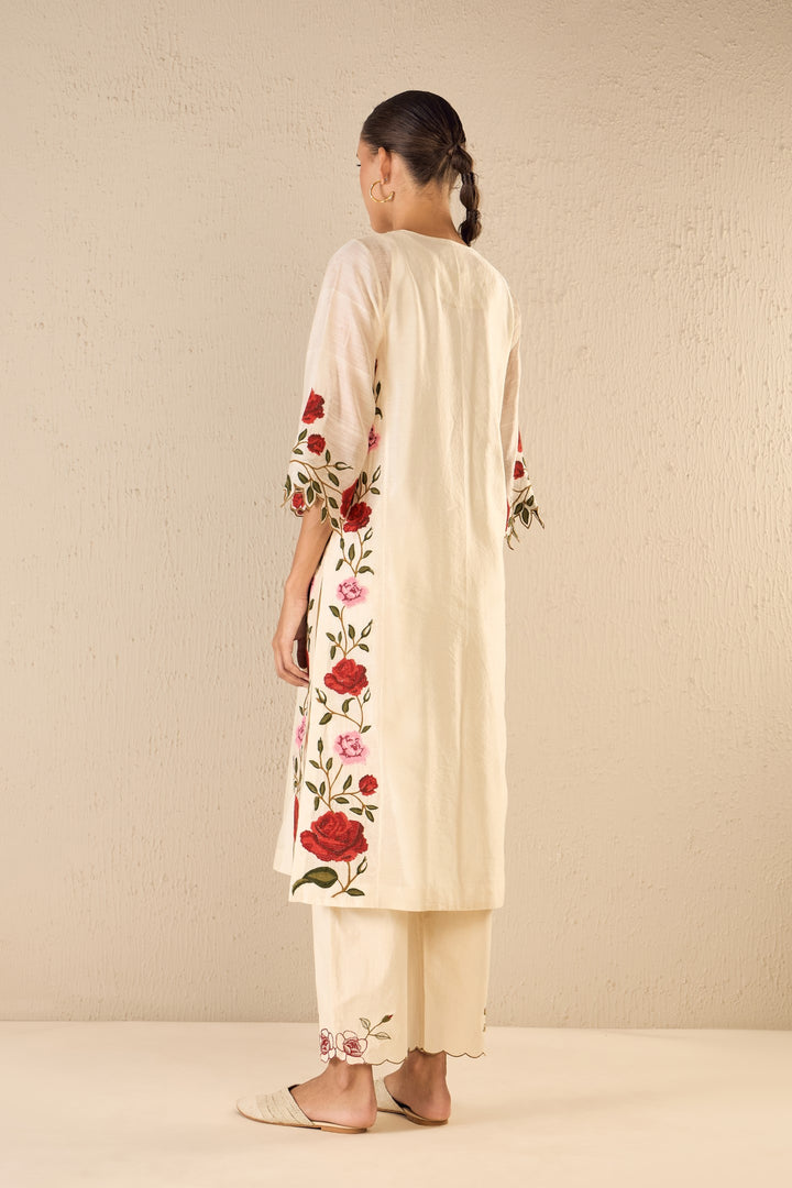 ROSE SHINE: IVORY PINK & RED ROSE EMBROIDERED KALI KURTA SET