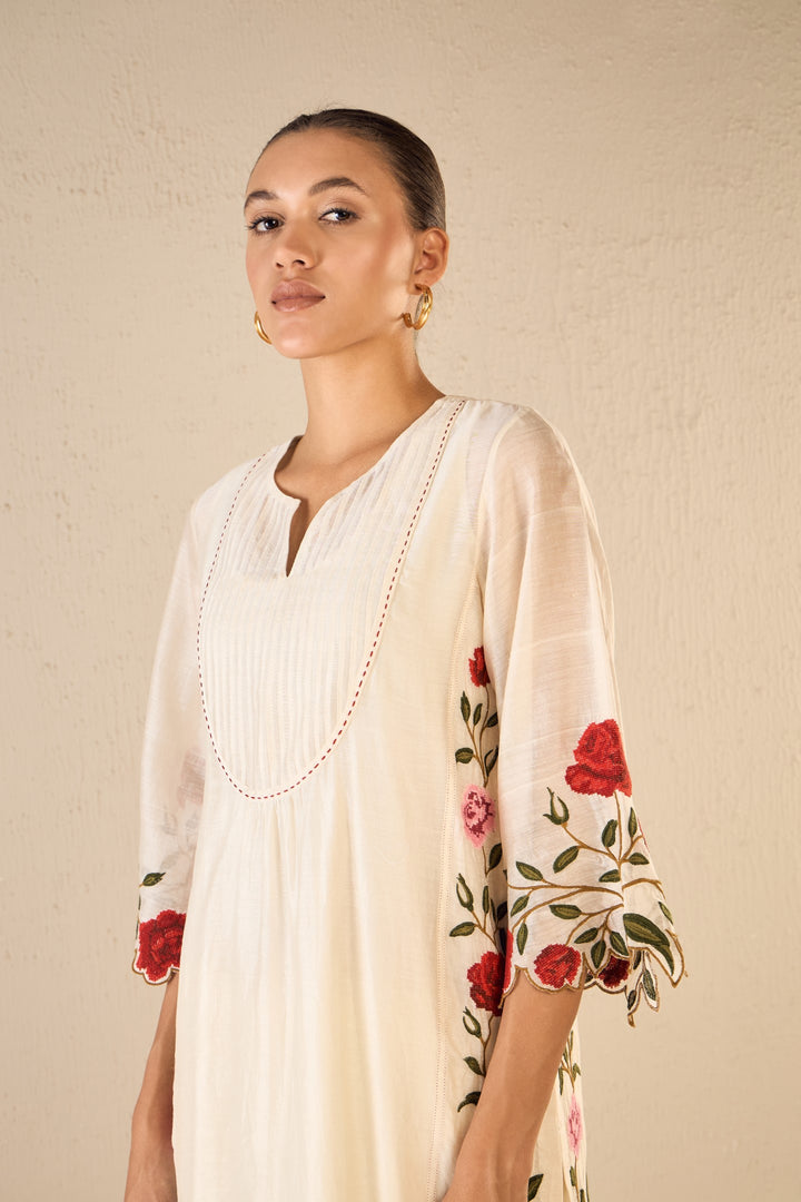 ROSE SHINE: IVORY PINK & RED ROSE EMBROIDERED KALI KURTA SET