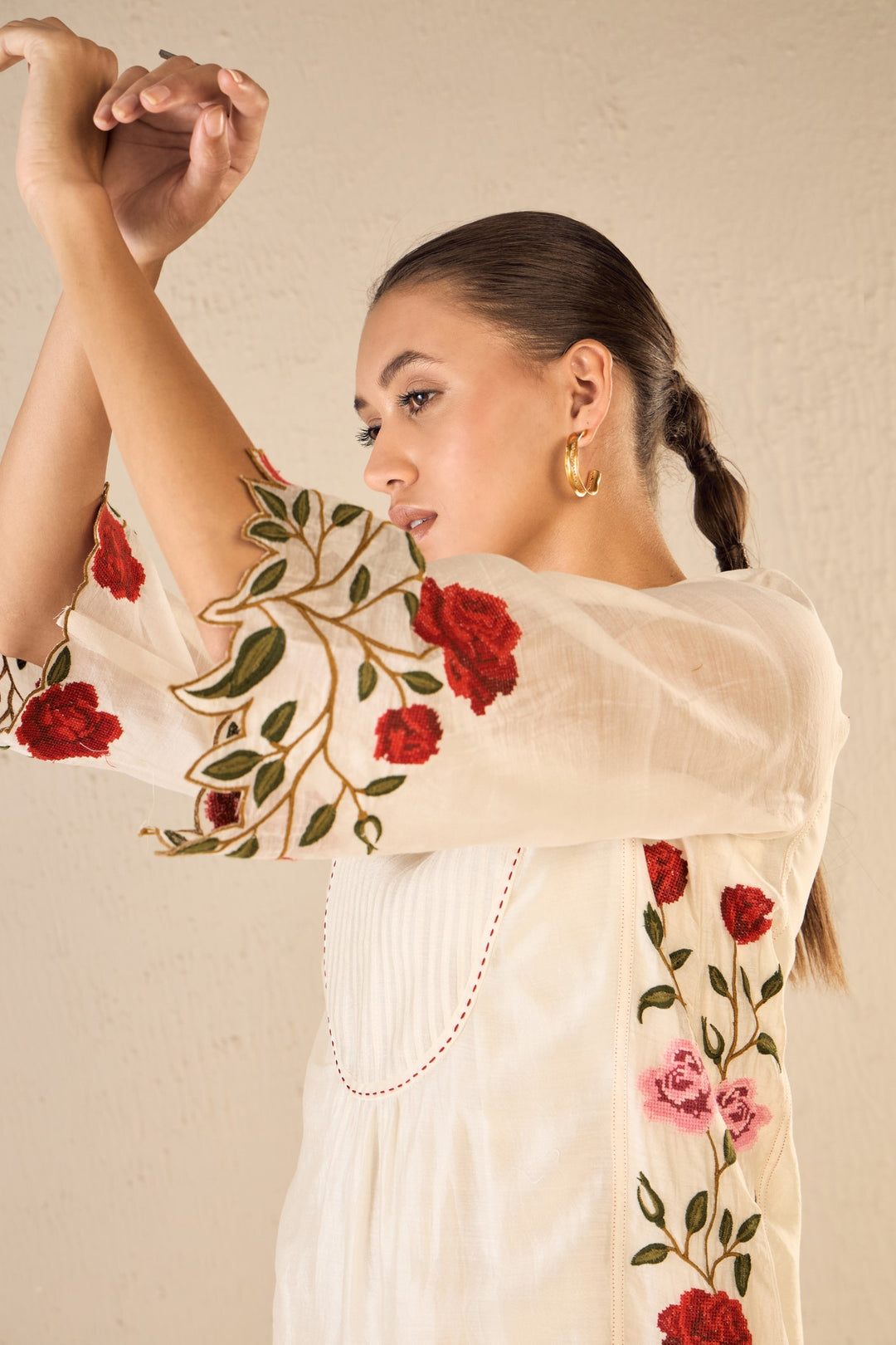ROSE SHINE: IVORY PINK & RED ROSE EMBROIDERED KALI KURTA SET