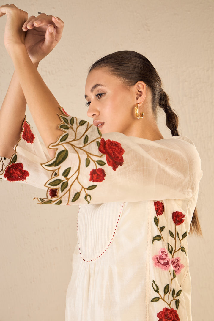ROSE SHINE: IVORY PINK & RED ROSE EMBROIDERED KALI KURTA SET
