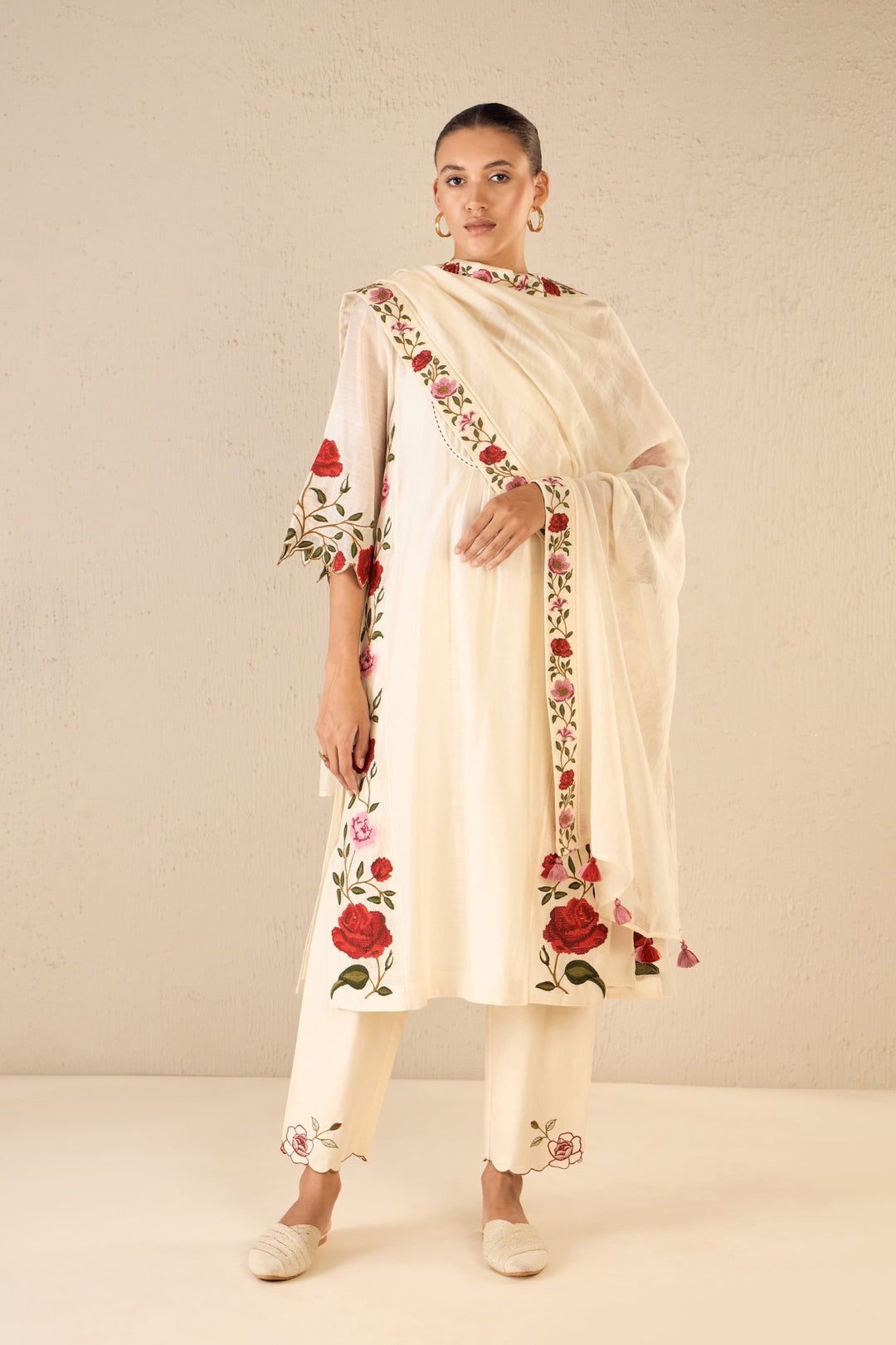 ROSE SHINE: IVORY PINK & RED ROSE EMBROIDERED KALI KURTA SET