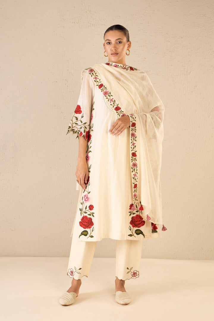 ROSE SHINE: IVORY PINK & RED ROSE EMBROIDERED KALI KURTA SET