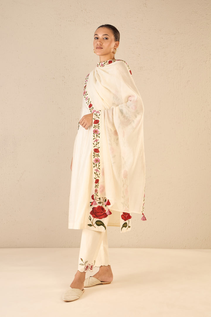 ROSE SHINE: IVORY PINK & RED ROSE EMBROIDERED KALI KURTA SET
