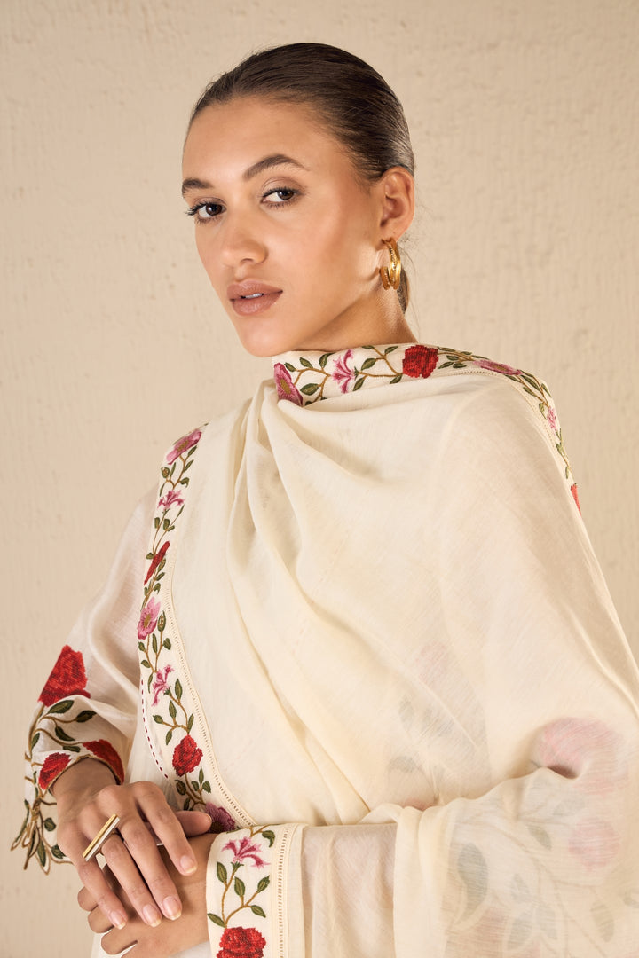 ROSE SHINE: IVORY PINK & RED ROSE EMBROIDERED KALI KURTA SET
