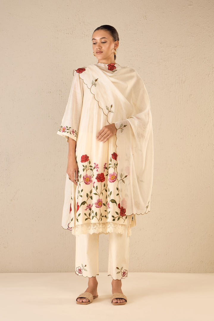 GARDENIA CHARM: IVORY FLORAL EMBRIODERY JAAL KURTA SET