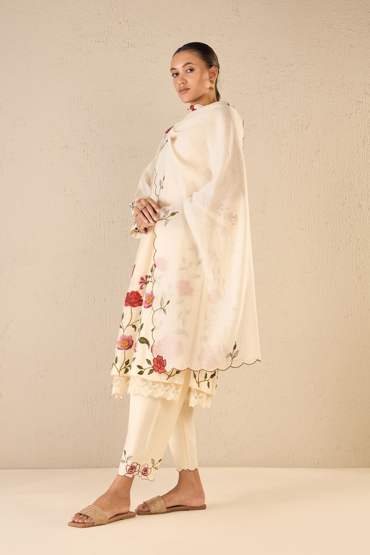 GARDENIA CHARM: IVORY FLORAL EMBRIODERY JAAL KURTA SET