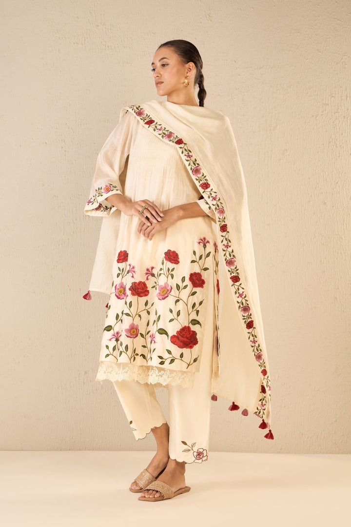 GARDENIA CHARM: IVORY FLORAL EMBRIODERY JAAL KURTA SET WITH FLORAL BORDER DUPATTA