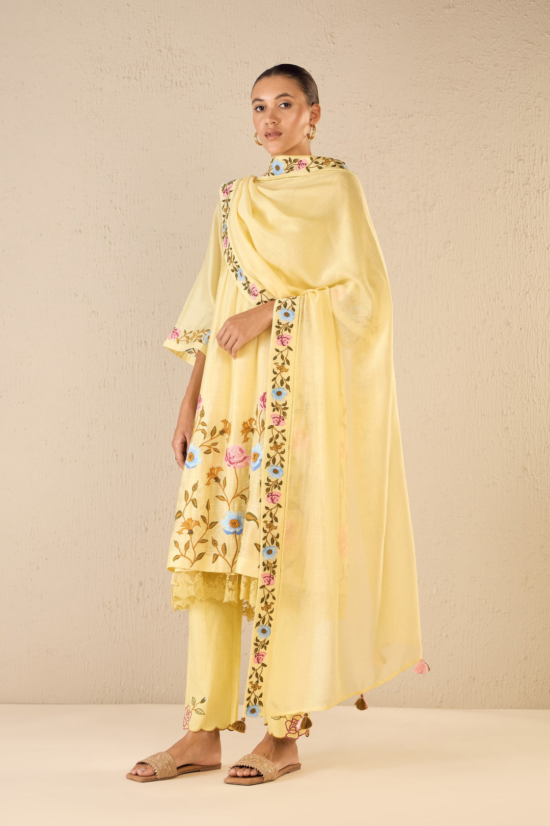 GARDENIA CHARM: YELLOW CHANDERI ROSE EMBRIODERY BORDER DUPATTA