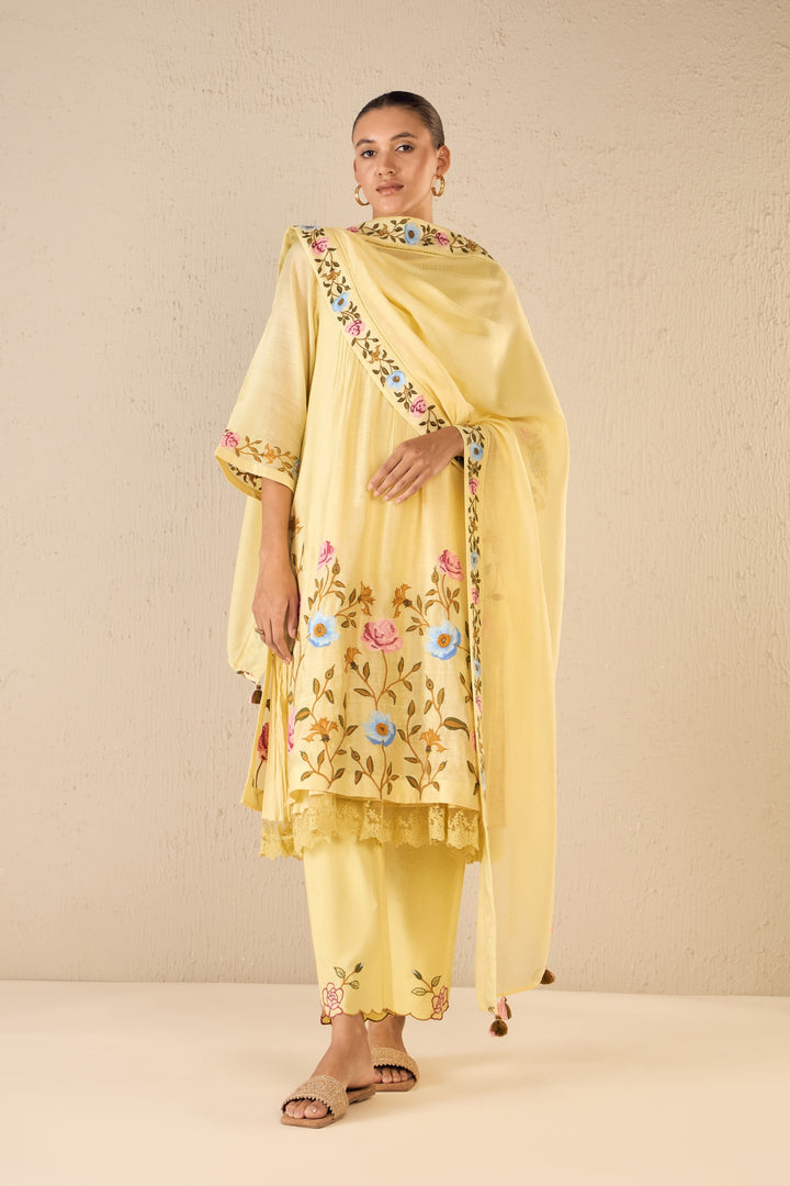 GARDENIA CHARM: YELLOW CHANDERI ROSE EMBRIODERY BORDER DUPATTA