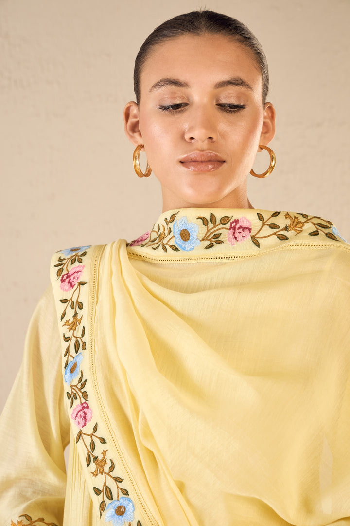 GARDENIA CHARM: YELLOW CHANDERI ROSE EMBRIODERY BORDER DUPATTA