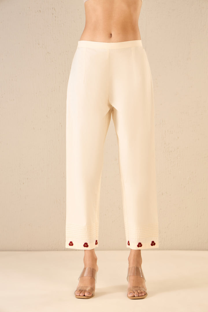 BLOOM DOTS: IVORY PINTUCK CROCHET FLORAL PANT