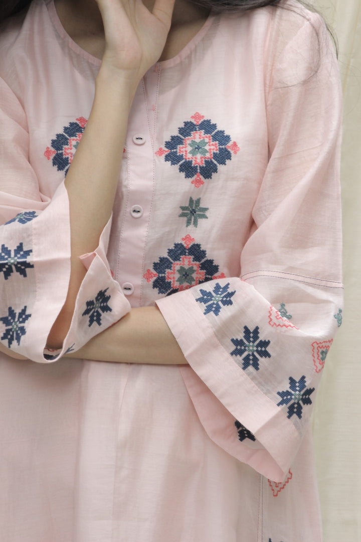 BABY PINK CHANDERI AZTEC EMBROIDERED KALI KURTA
