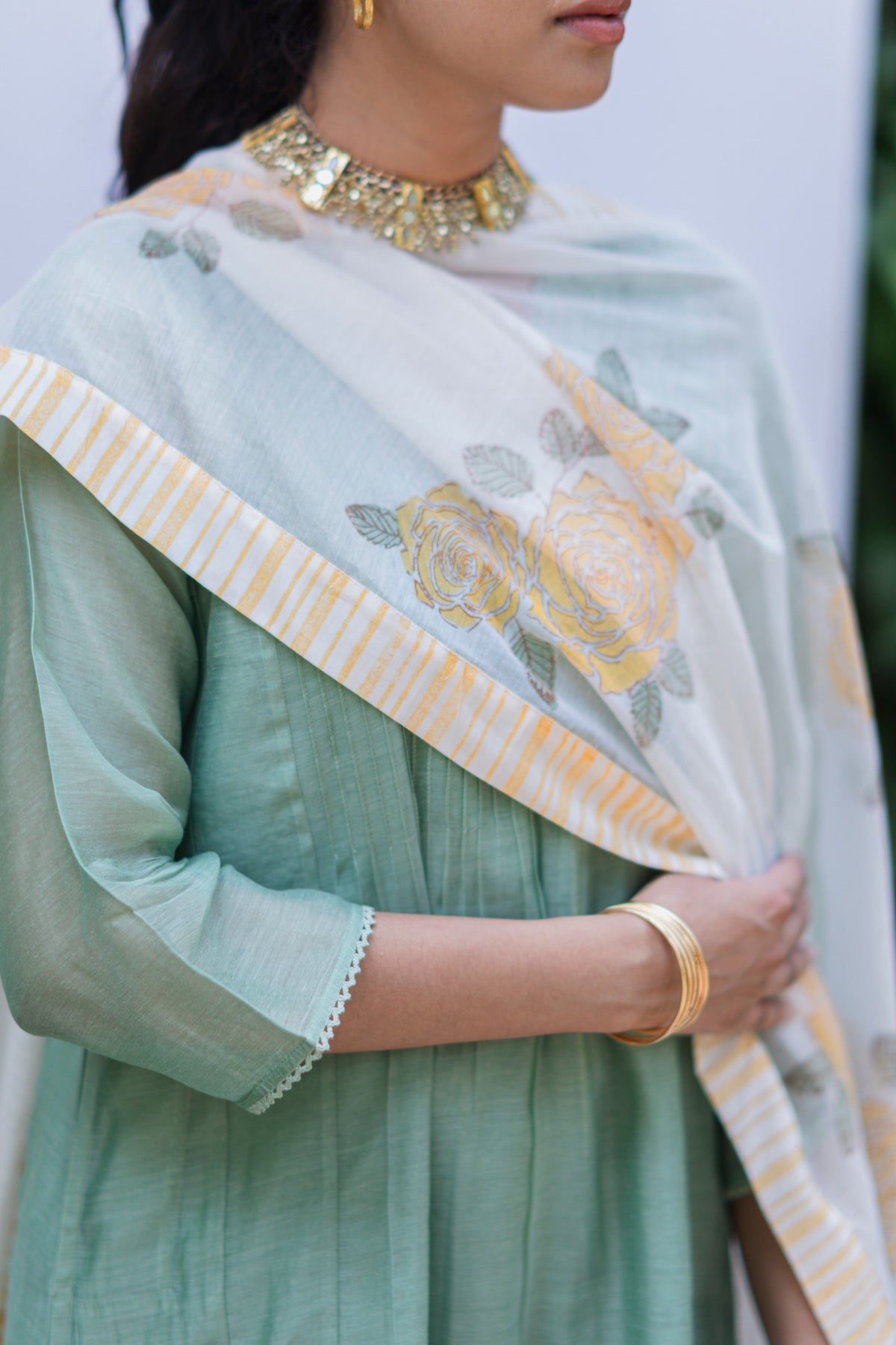Bela Sage green handloom chanderi pintuck kurta with printed pants and printed stole