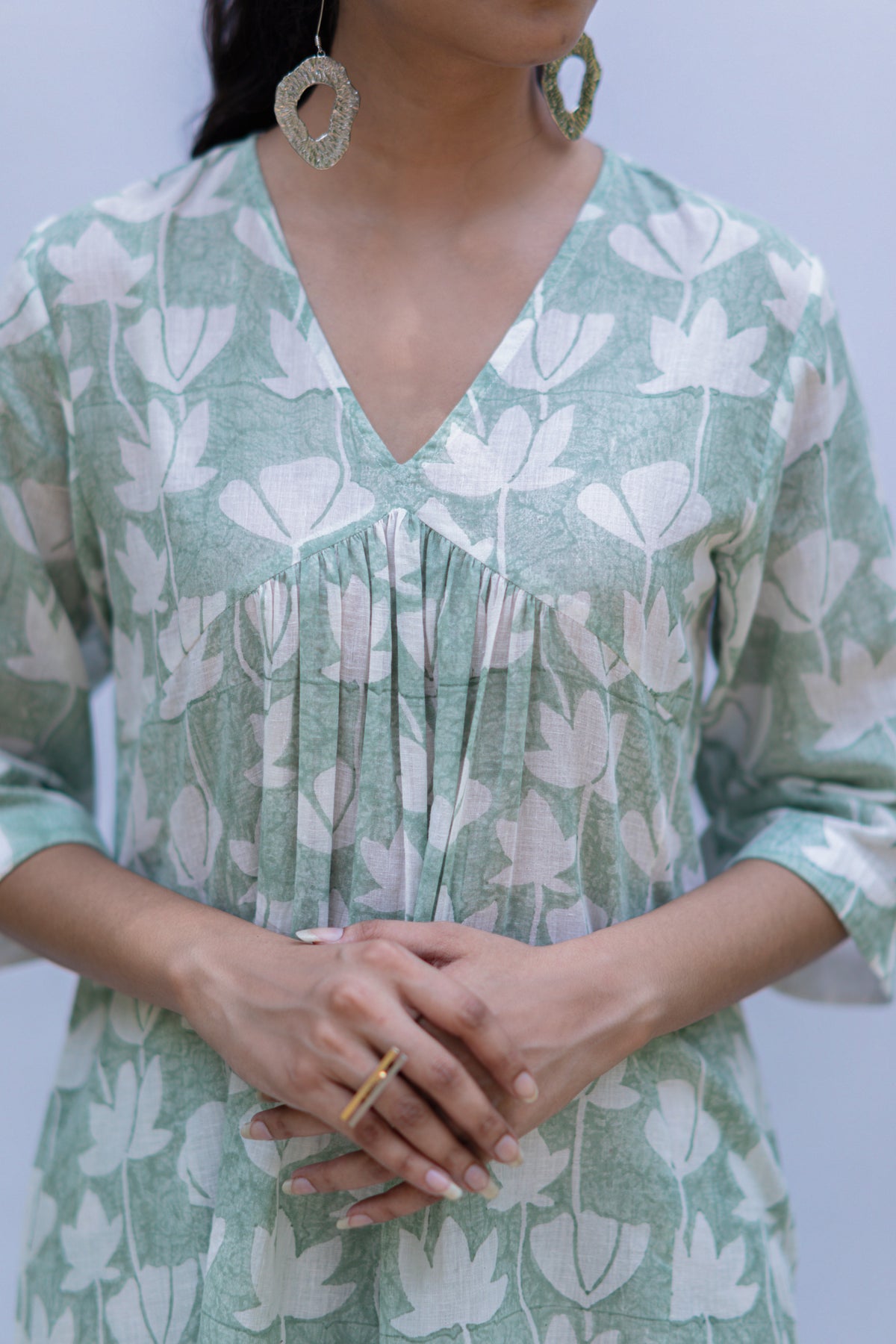 Bela White cotton block printed sage green gadh long tunic with printed pants