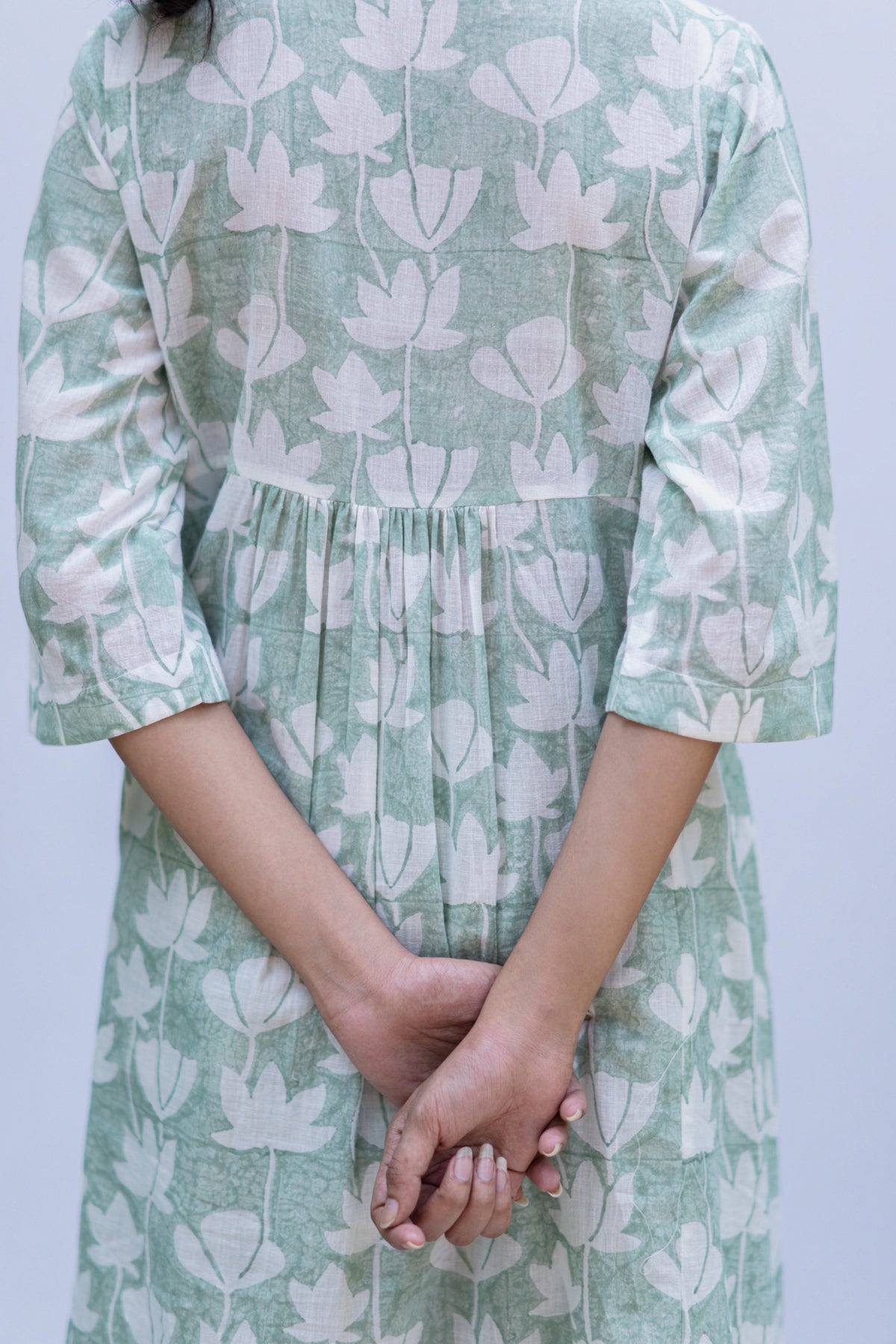 Bela White cotton block printed sage green gadh long tunic with printed pants