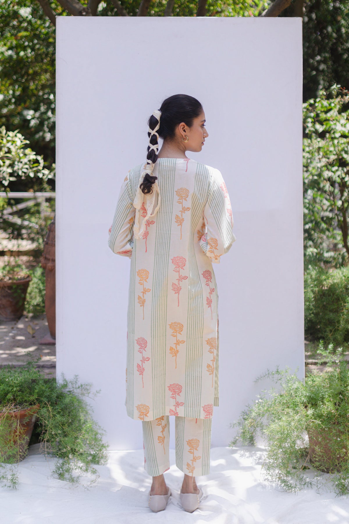 Bela Cream cotton block printed sage green stripe and multi colour rose v-neck kurta with printed pants