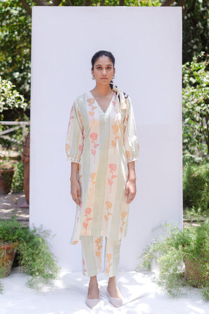 Bela- Cream cotton block printed sage green stripe and multi colour rose v-neck kurta set
