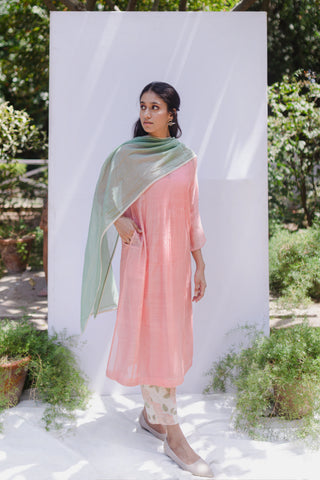 Bela Old Rose handloom chanderi pintuck kurta with printed pants and sage green lace stole