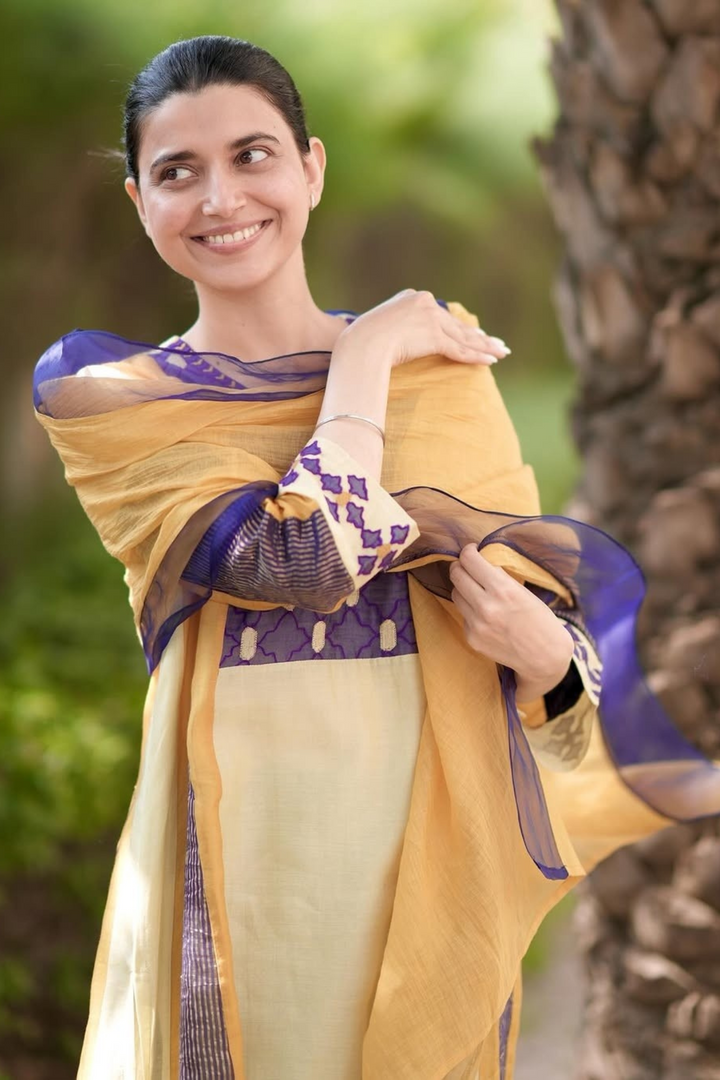Roop: Cotton Silk Kali Kurta set - Mustard and Purple