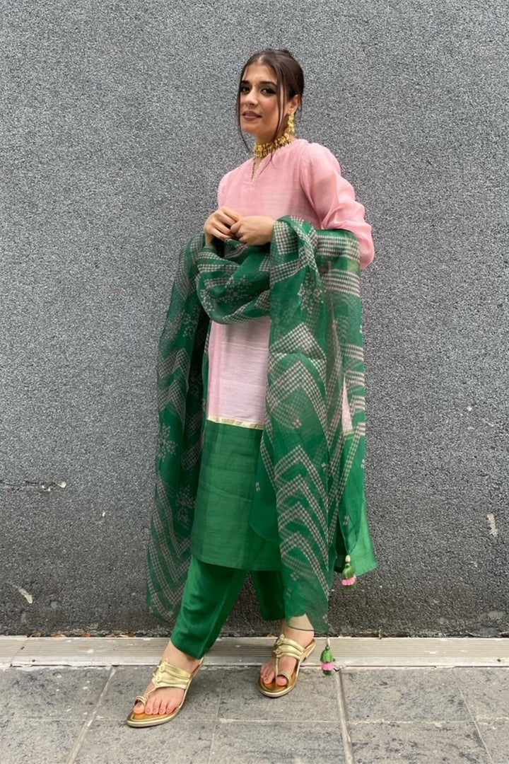 BABY PINK AND EMERALD GREEN CHANDERI KURTA SET