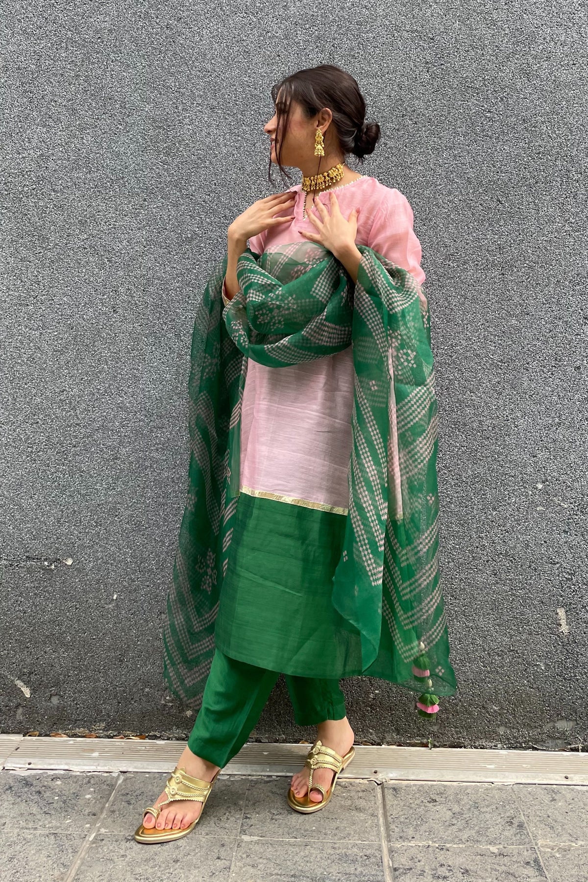 BABY PINK AND EMERALD GREEN CHANDERI KURTA WITH CHEVRON BANDHANI DUPATTA SET OF 3