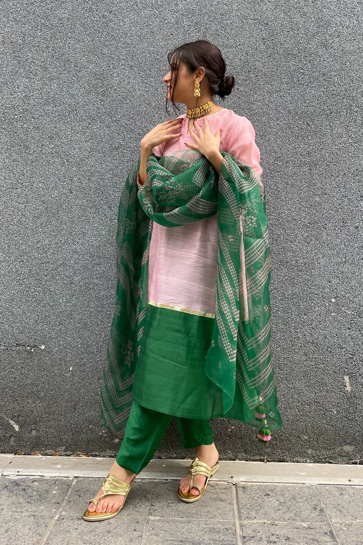 BABY PINK AND EMERALD GREEN CHANDERI KURTA SET