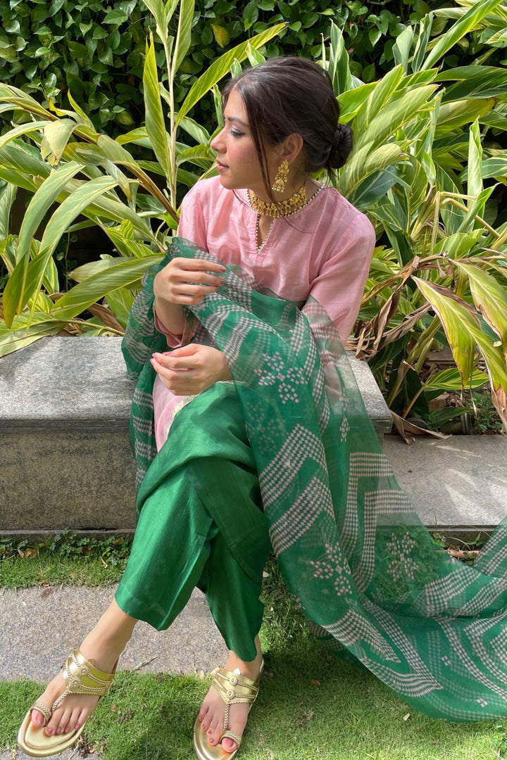 BABY PINK AND EMERALD GREEN CHANDERI KURTA SET