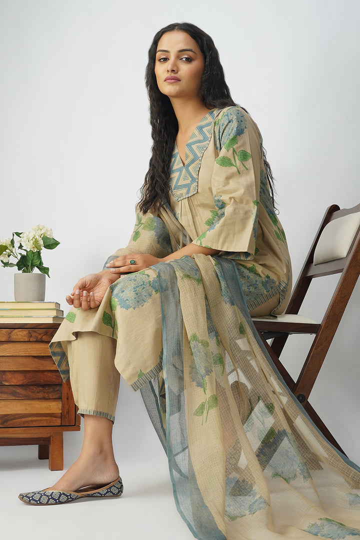 Blue Hydrangea Cotton Block Printed Kurta Set
