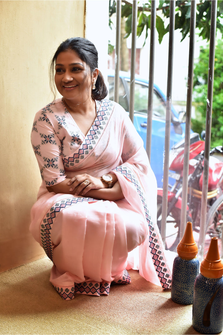 BABY PINK CHANDERI AZTEC BORDER EMBROIDERED SAREE WITH PRINTED AZTEC BLOUSE