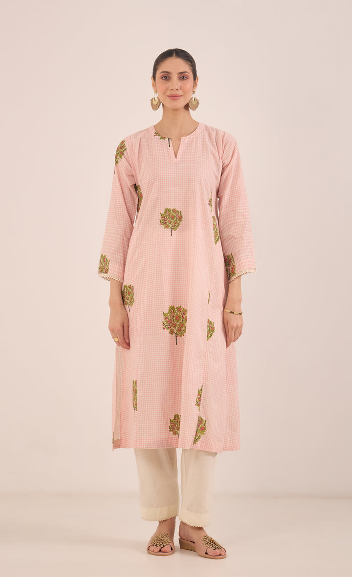 COTTON CHECK APPLE TREE KURTA SET - PINK