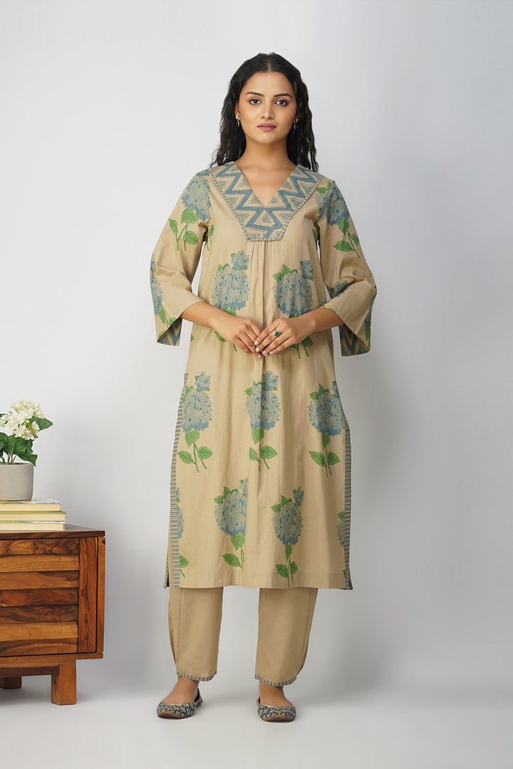 Blue Hydrangea Cotton Block Printed Kurta Set