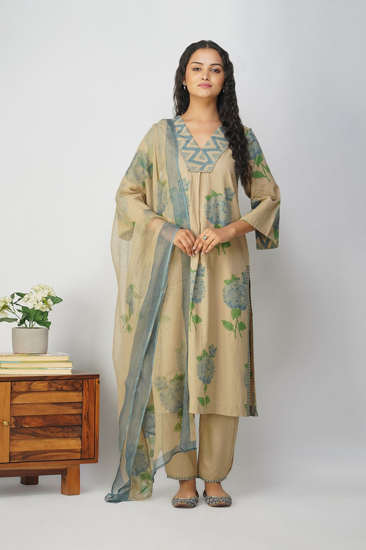 Blue Hydrangea Cotton Block Printed Kurta Set