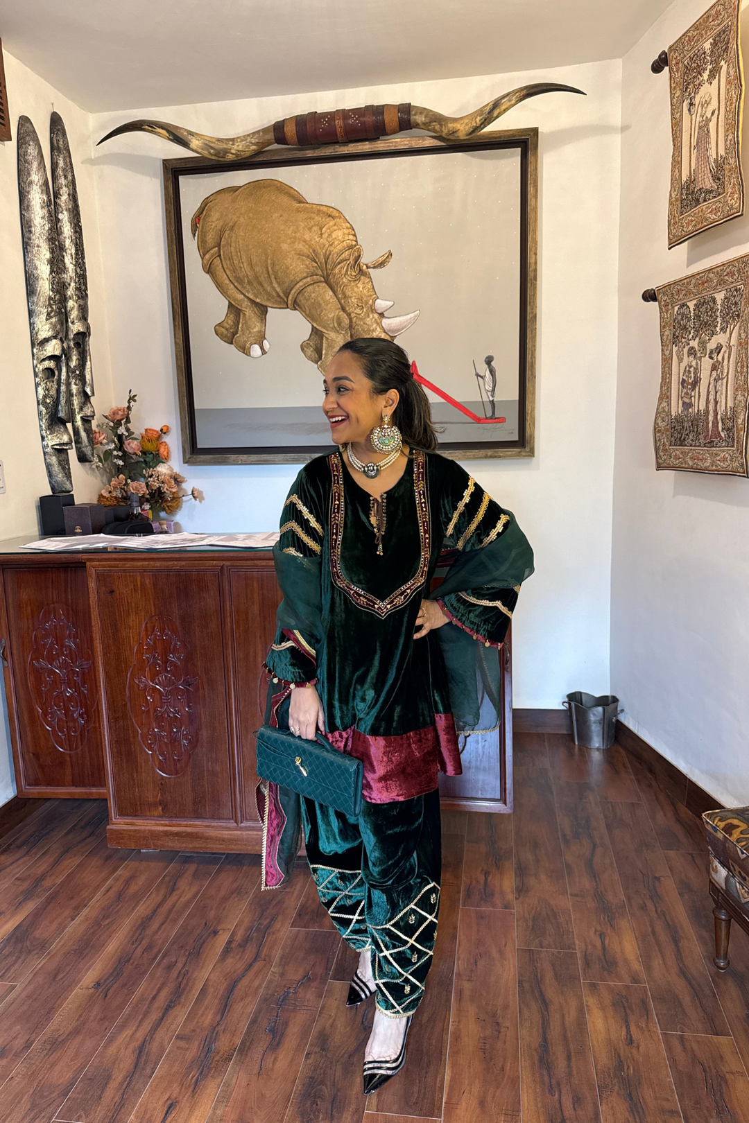 GREEN  VELVET SHORT KURTA WITH FARSHI SALWAR SET