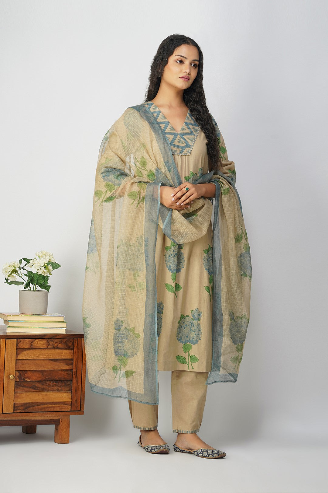 Blue Hydrangea Cotton Block Printed Kurta Set