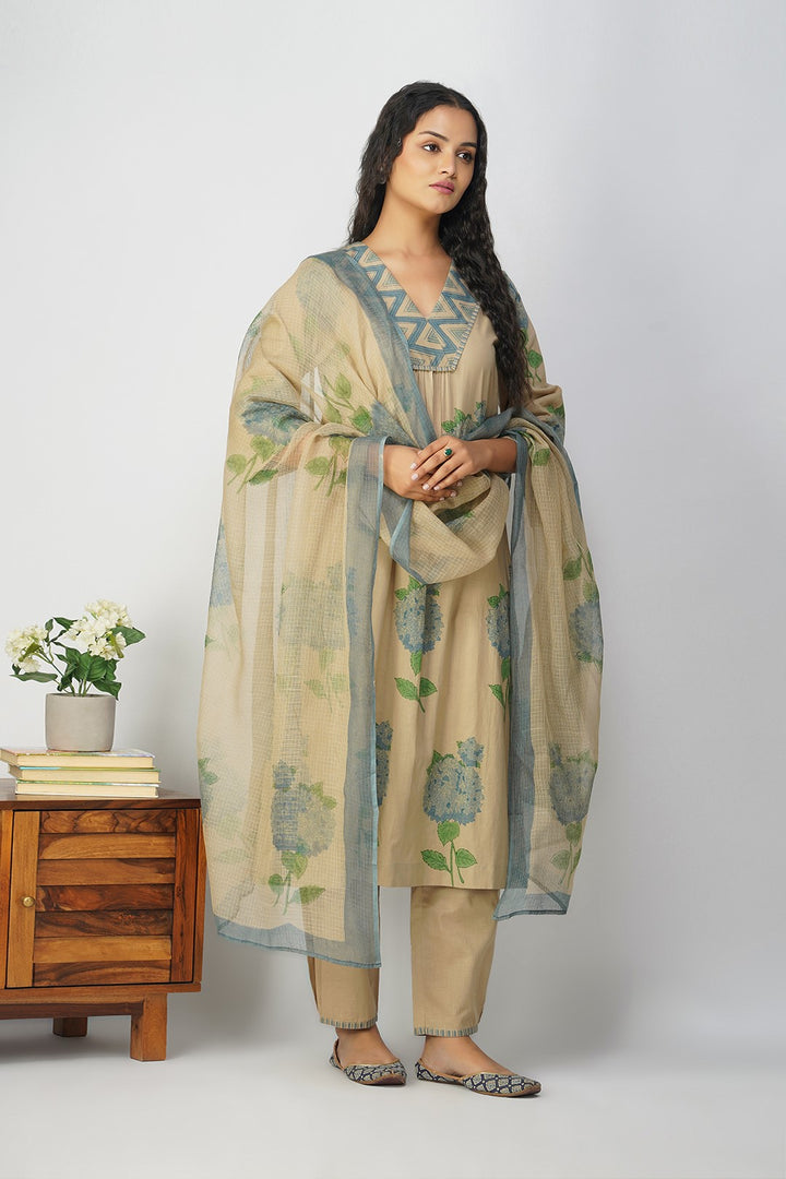 Blue Hydrangea Cotton Block Printed Kurta Set