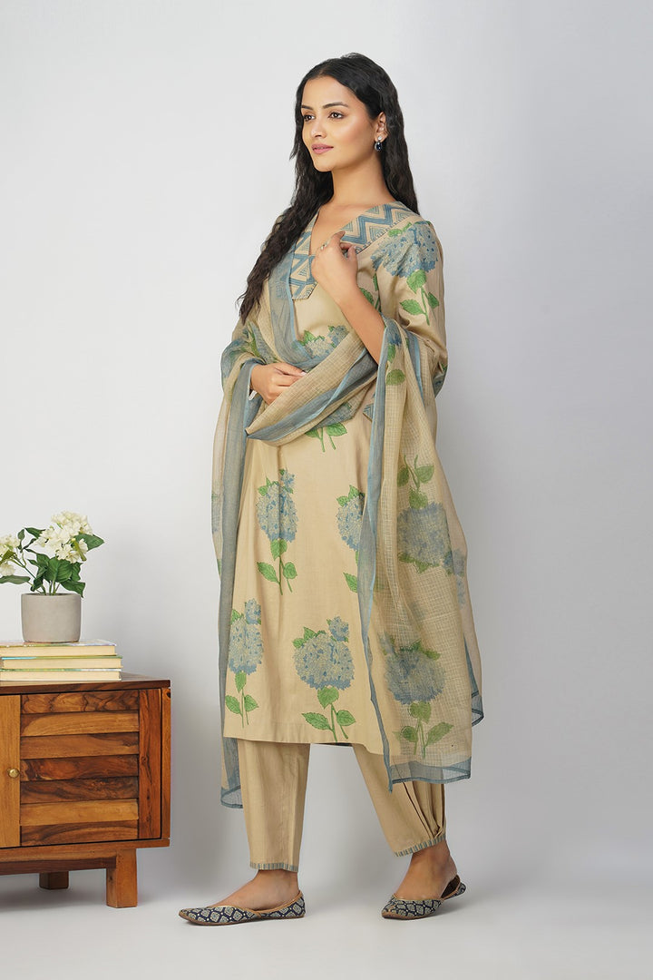 Blue Hydrangea Cotton Block Printed Kurta Set