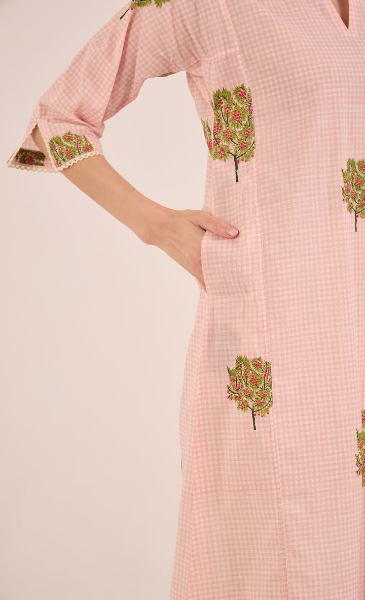 COTTON CHECK APPLE TREE KURTA SET - PINK