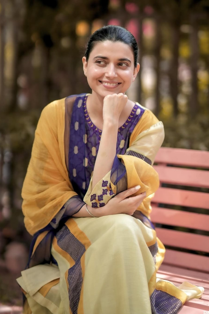 Roop: Cotton Silk Kali Kurta set - Mustard and Purple