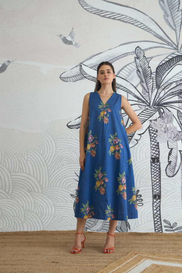 BLUE FLOWER V-NECK LONG DRESS