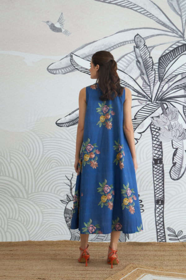 BLUE FLOWER V-NECK LONG DRESS