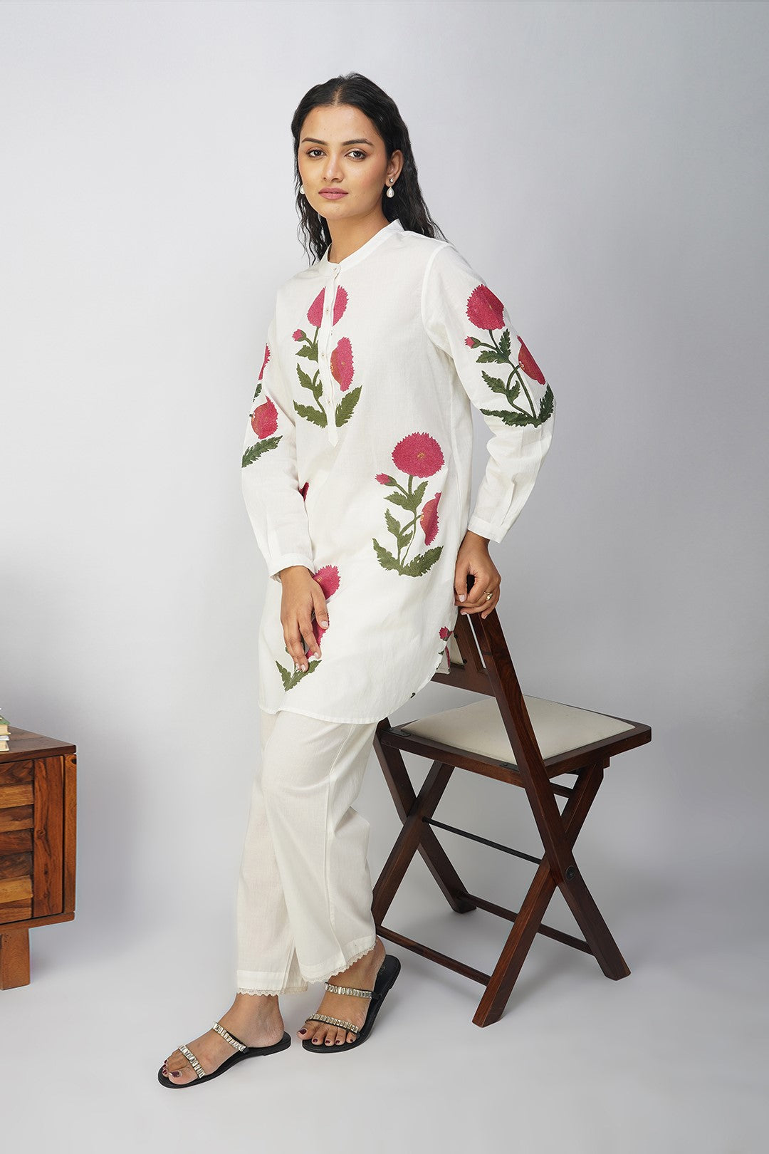White Tunic with Red floral print and Lace Pants