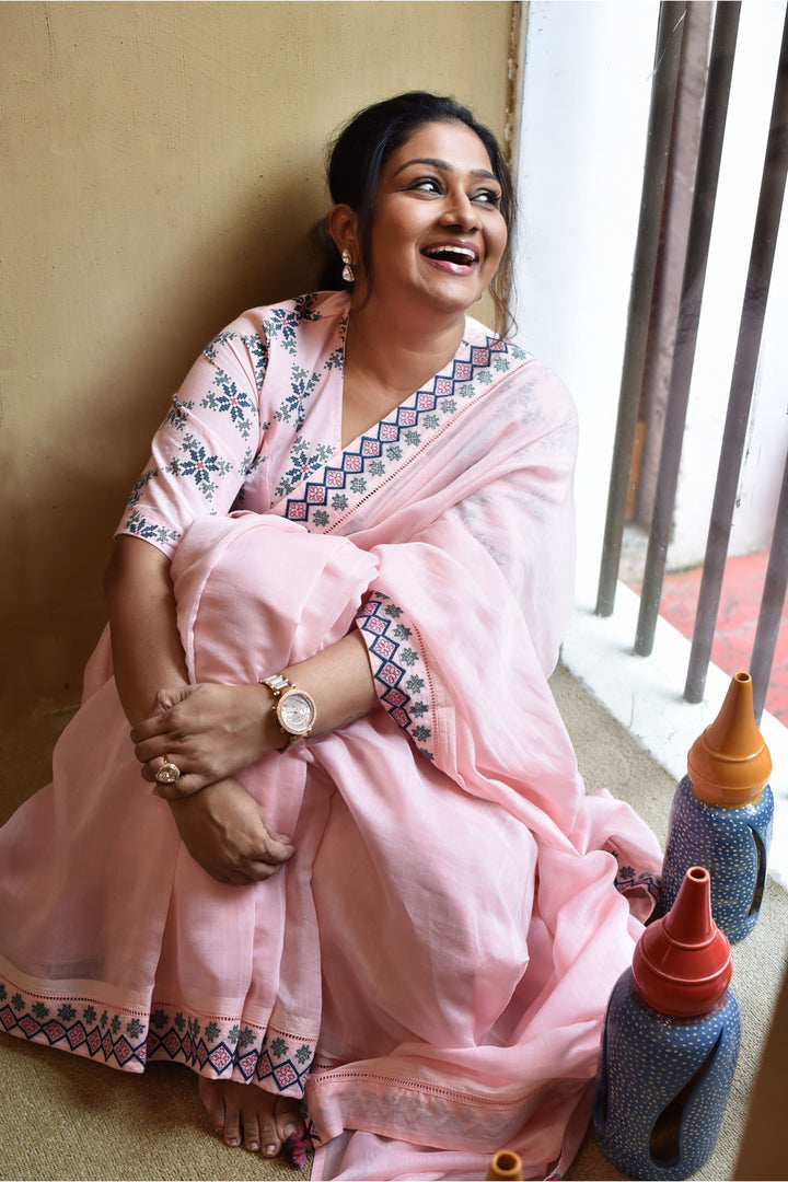 BABY PINK CHANDERI AZTEC BORDER EMBROIDERED SAREE WITH PRINTED AZTEC BLOUSE
