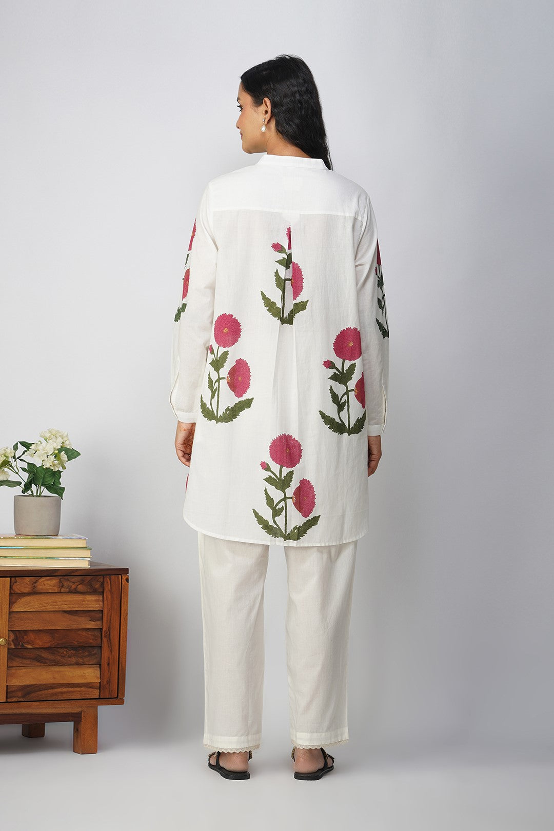 White Tunic with Red floral print and Lace Pants