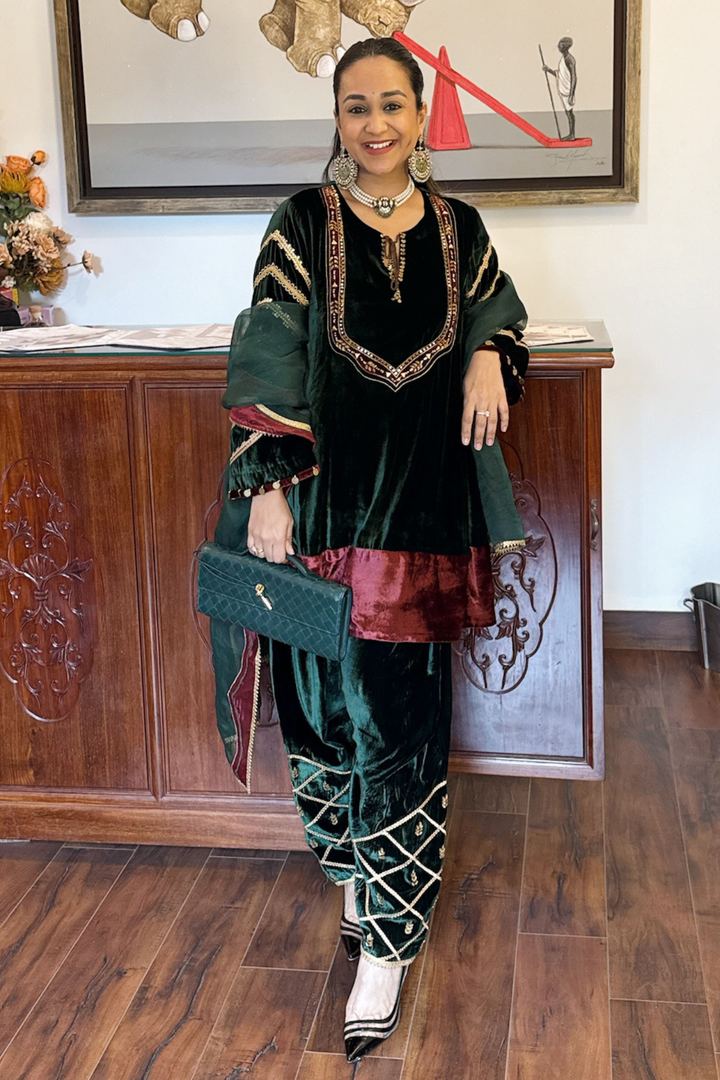 GREEN  VELVET SHORT KURTA WITH FARSHI SALWAR SET